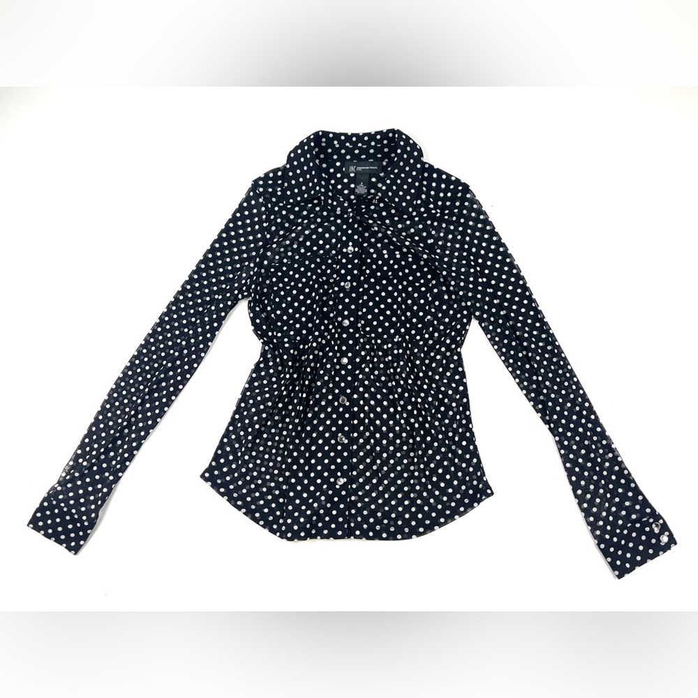 Women’s INC Black & White Polka Dot Long Sleeve Sheer Button Up Blouse Size PS